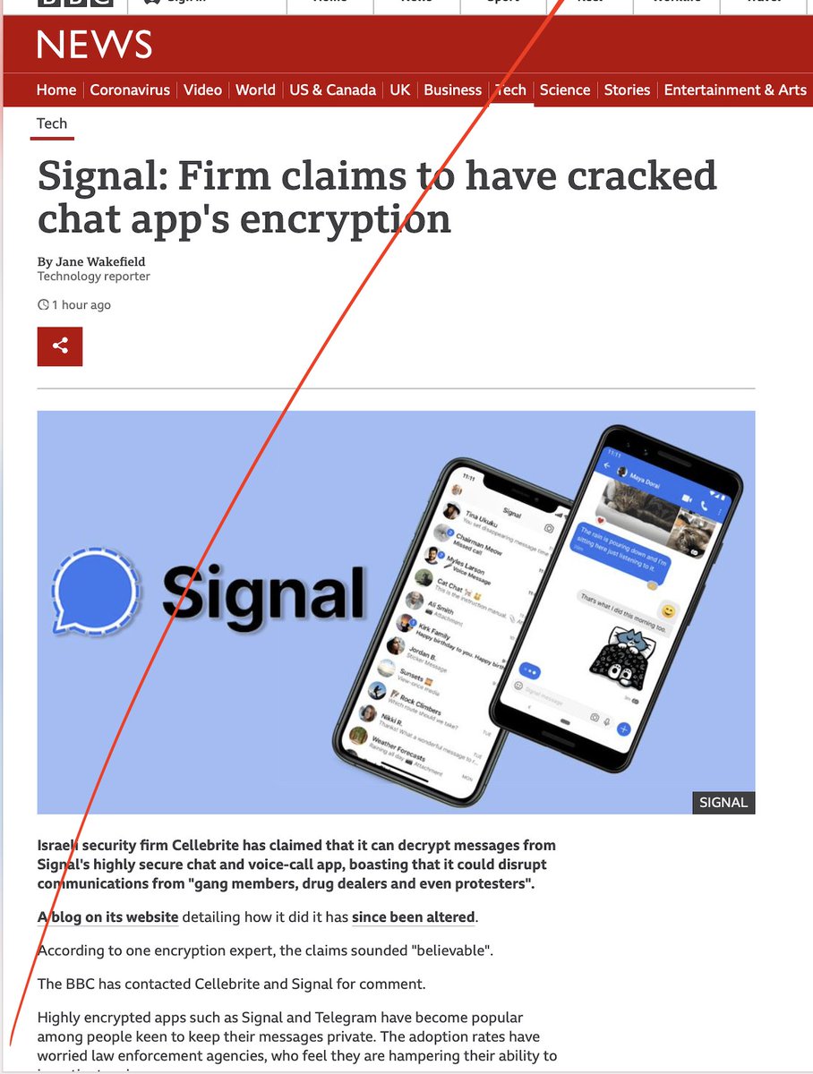 Dangerous misunderstanding spreading that  @Cellebrite_UFED can 'crack' & intercept  @signalapp. This is FALSE.Modest reality: Cellebrite claimed to extract the Signal chat database from an unlocked Android in their possession.Please RT. cc  @BBCNews  @janewakefield THREAD 1/