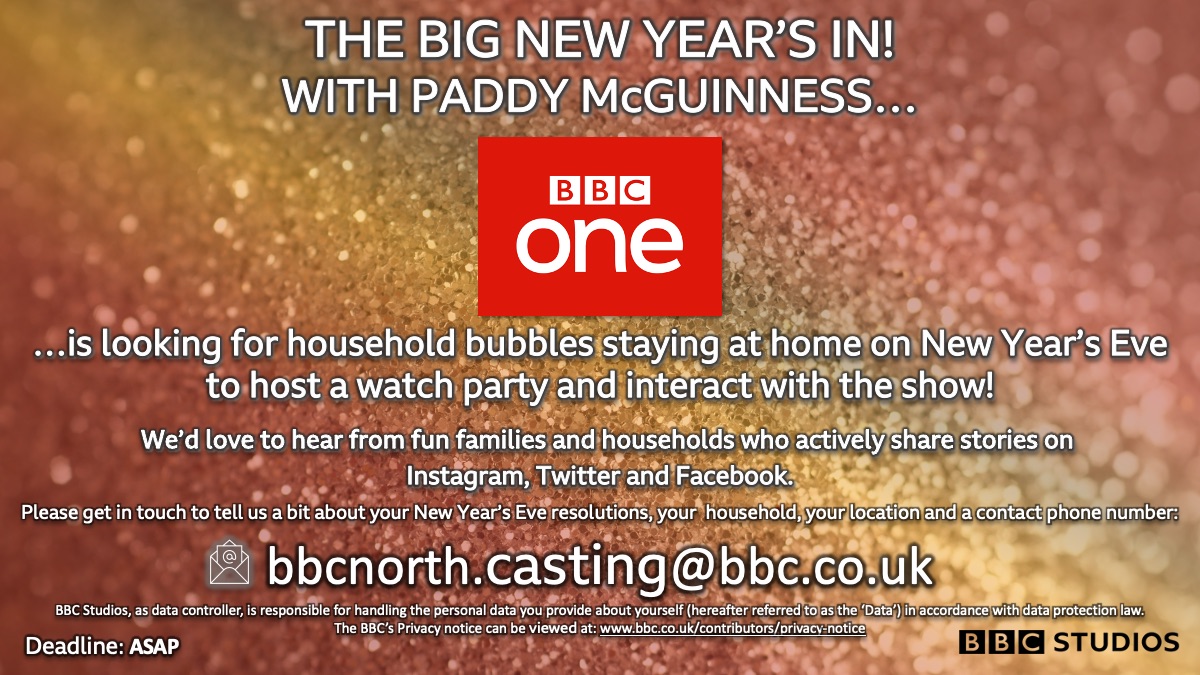 JL_casting's tweet photo. @love_belfast 

PLANNING A QUIET ONE THIS NEW YEAR’S? THINK AGAIN.
 
BBC Studios is looking for enthusiastic families and fun households join Paddy McGuinness for BBC One’s ‘The Big New Year’s In’ by hosting the ultimate New Year’s Eve interactive watch party at home. https://t.co/ucL8GMCCen