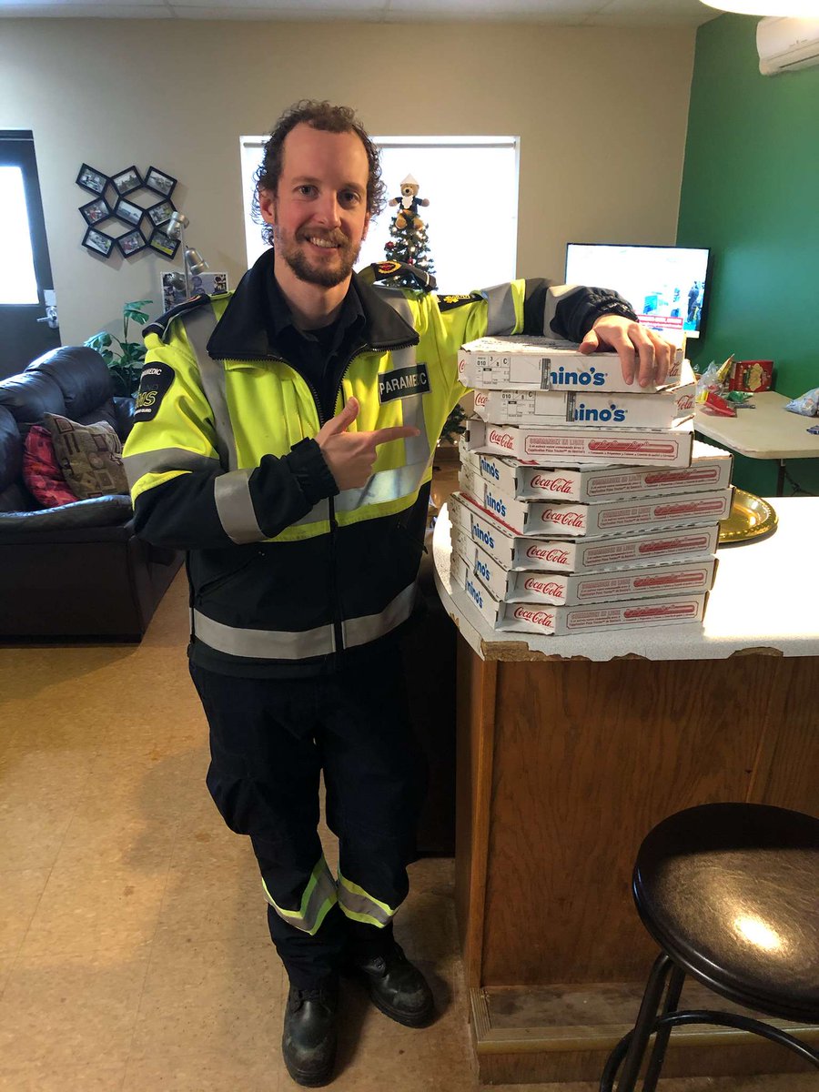 IslandEMS's tweet photo. Thanks to @dominos pizza Charlottetown location for their donation today. Appreciate your kindness. Merry Christmas. 🎅☃️🤶🎄"Dispatch" send our Paramedics to the base before Seth eats them all up. #HolidaySeason https://t.co/Jep7tZBTsM