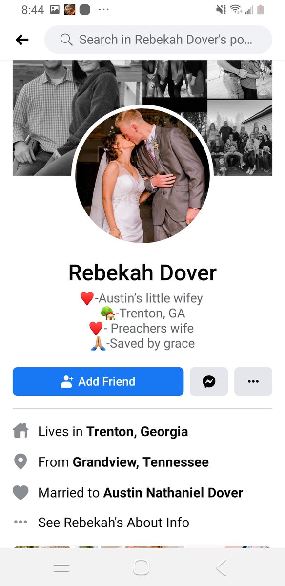 She married into the Dover family (Husband-Dustin Dover; In-Laws—Austin Dover [wife Rebekah], Nick Dover [wife Olivia], and Ashley Rena Shirley [husband Brandon Shirley] James Dover & Debbie Dover [Father & mother-in-Law] All from Higdon, Alabama.