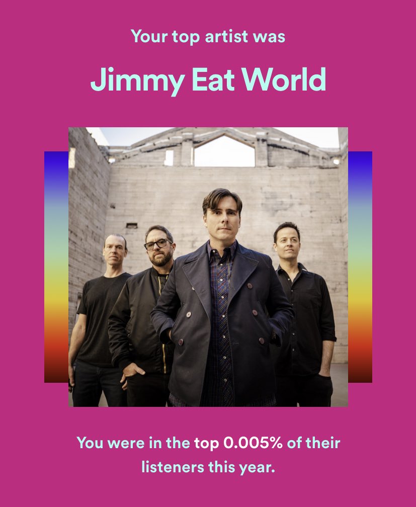 Elmostay's tweet photo. People might say there’s other music out there. It’s the same every year. And I’m so happy it is. #jimmyeatworld  @jimmyeatworld #spotify #spoifysoundtrack https://t.co/nQZ3KwV3ce