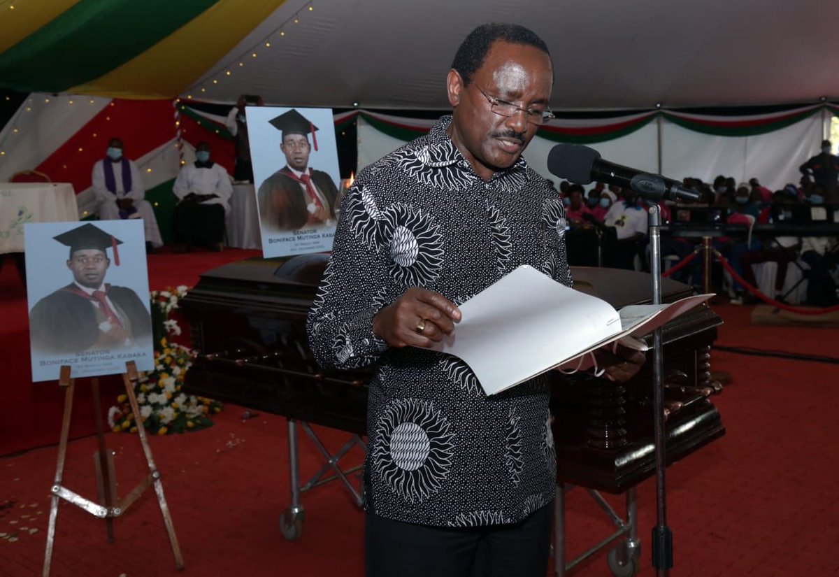 skmusyoka's tweet photo. Delivering President Uhuru Kenyatta's message of condolence to the family of our late Senator Boniface Mutinda Kabaka as we bid fare thee well to this great son of the land. Rest In Peace brother Mutinda. https://t.co/5tWGHK9sMf