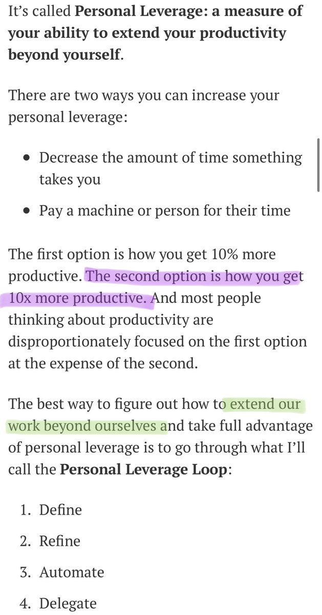 If you work for yourself, I strongly recommend reading this article from  @nateliason. It’s called “The Personal Leverage Loop” and it’ll instantly change the way you think about your work. Define, refine, automate, delegate.  https://www.nateliason.com/blog/personal-leverage