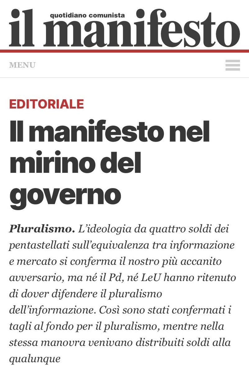 Questi de Il #Manifesto hanno sempre appoggiato ogni schifezza fatta dal Governo in carica e ora si lamentano. Classica ipocrisia di un giornale antisovietico e anticomunista, certo non degno di quell’aggettivo abusivo messo sopra la testata.