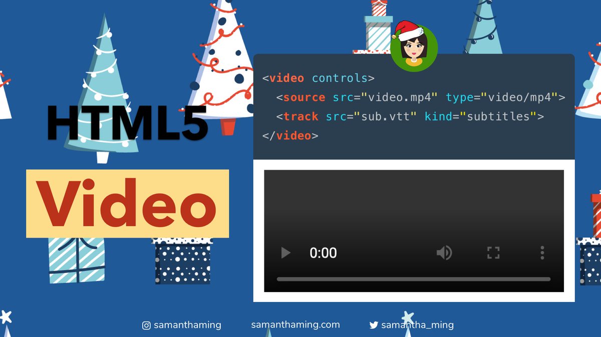 samantha_ming's tweet image. #CodeTidbits30 Day 22 🎄
Super easy to add video directly to your site! No more dealing with Flash or whatever crazy plugins back in the day 😂. Simplify and move forward with HTML5 &lt;video&gt; tag, yay 🥳
#Codenewbie #100DaysOfCode #301DaysOfCode