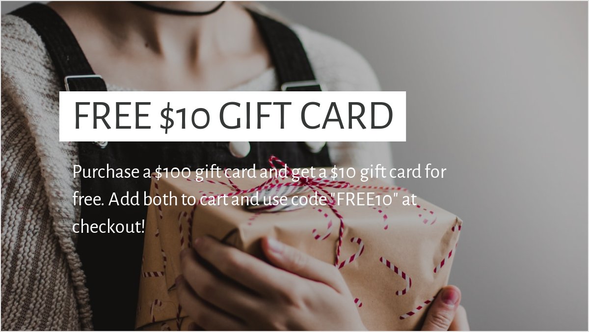 Butterfly_Beads's tweet photo. LAST MINUTE GIFT! FREE $10 GIFT CARD WITH PURCHASE OF $100 GIFT CARD. Add both items to cart and use code "FREE10" at checkout. https://t.co/KYOkVIOout https://t.co/itrxYo6hsO