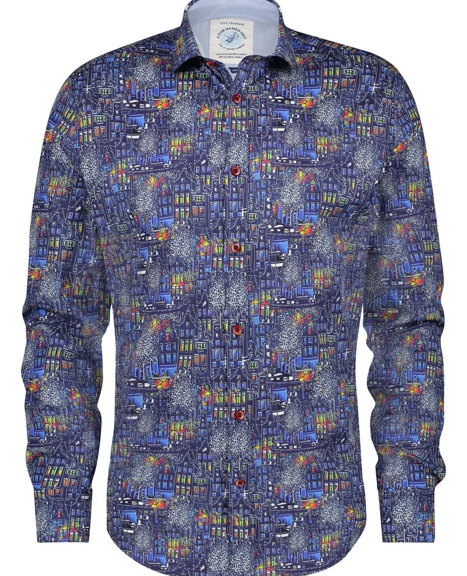 #AFishNamedFred shirts are tailored and machine washable.

This Canal Houses Shirt is made from 97% stretch cotton, 3% elastane
🔹Machine wash up to 30°C