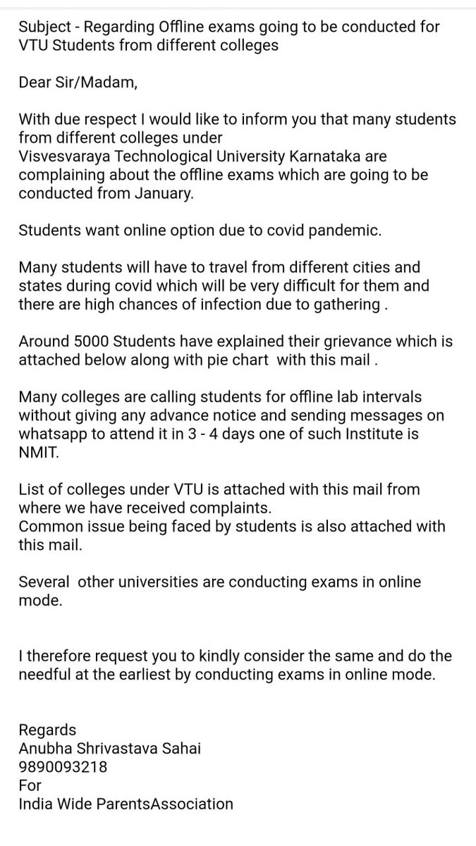 NidhiTanejaa's tweet photo. #VTU Karnataka students object to offline examinations to be held in January. India Wide Parents’ Association sends a letter raising concerns to Karnataka CM @BSYBJP 
and Education Minister @drashwathcn, on behalf of over 5,000 students. They demand exams in online mode. https://t.co/FzpMw89bVd