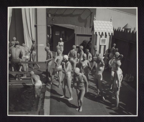 12. The Billy Rose Aquacade, featuring Johnny Weissmuller of Tarzan fame, offered a Hollywood-type show of synchronixed swimming in a large ampitheater with a live orchestra. [Weissmuller had won five Olympic gold medals in swimming.]