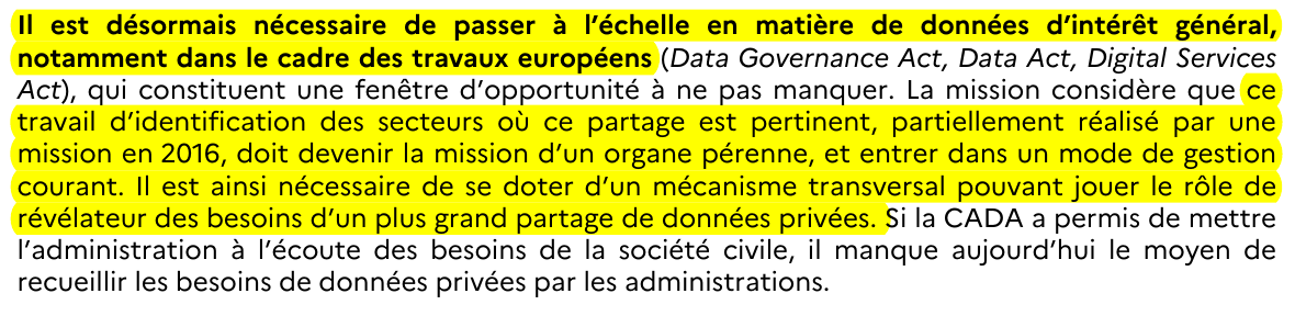 Sur les données d'intérêt général, la mission semble pencher pour la création d'une autorité ("organe pérenne") permettant de les identifier et de réguler leur accès
