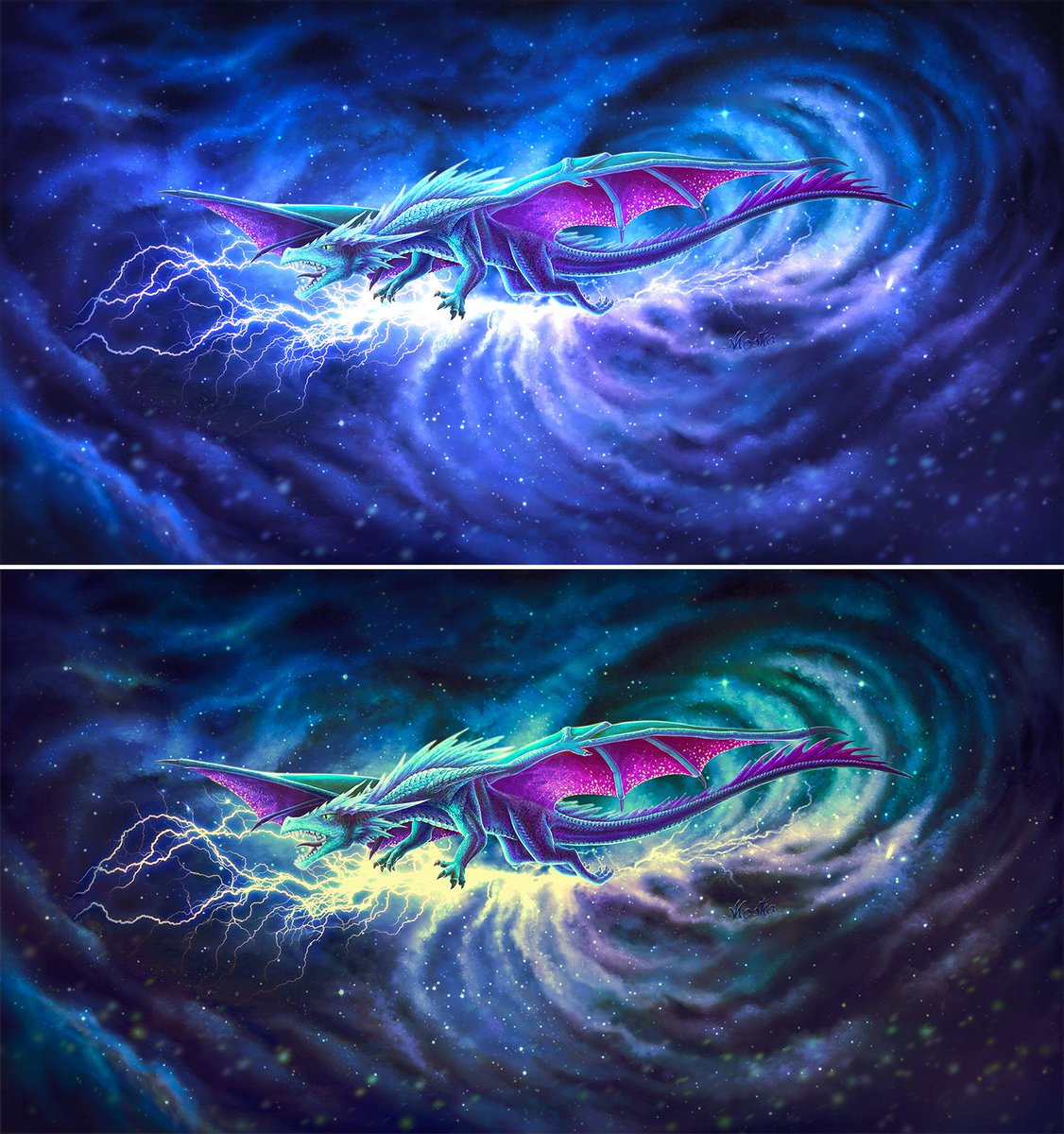 Anja_Kostka's tweet photo. This is the second dragon I painted for the car wrap. 
I tested a lot of color variants. I am very uncertain which coloring is more fitting here. What do you think?
#dragon #dragons #dragonart
#fantasy #art #illustration
#lightning #thunder #clouds #storm
#digitalart #photoshop https://t.co/T9MAUs0LSP