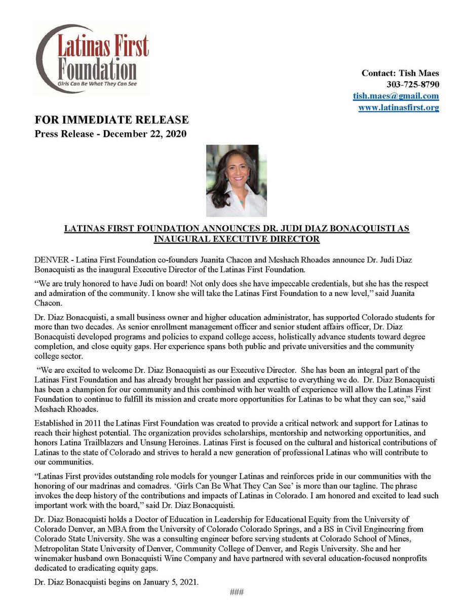 LatinasFirst's tweet photo. We are excited to announce Judi Diaz Bonacquisti as our inaugural Executive Director.  Please click to read more https://t.co/y5kha905aj #girlscanbewhattheycansee #latinapower #latinasfirst https://t.co/5zTvVISEj0