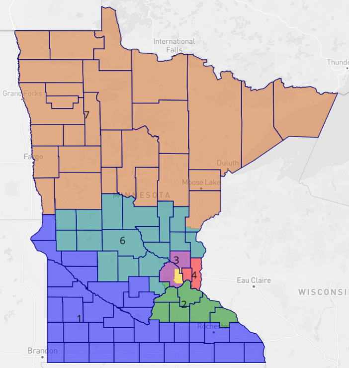 Haltclere's tweet photo. @dbrauer I think this is close to the map we'll get and would likely result in a 4-3 DFL (assuming Philips and Craig hold on) https://t.co/dm7PWNyH8k