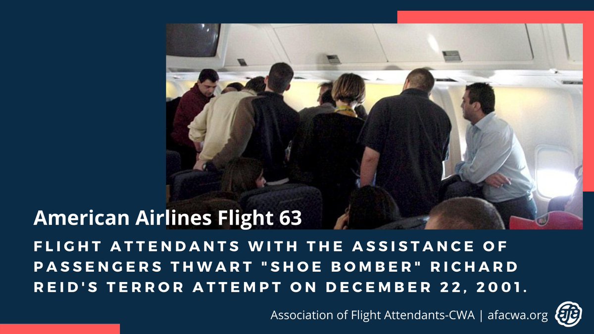 afa_cwa's tweet image. On December 22, 2001, onboard American Airlines Flight 63 from Paris (CDG) to Miami, Flight Attendants Hermis Moutardier and Cristina Jones, with the help of passengers, restrained Richard Reid as he attempted to detonate explosives hidden in his shoes.