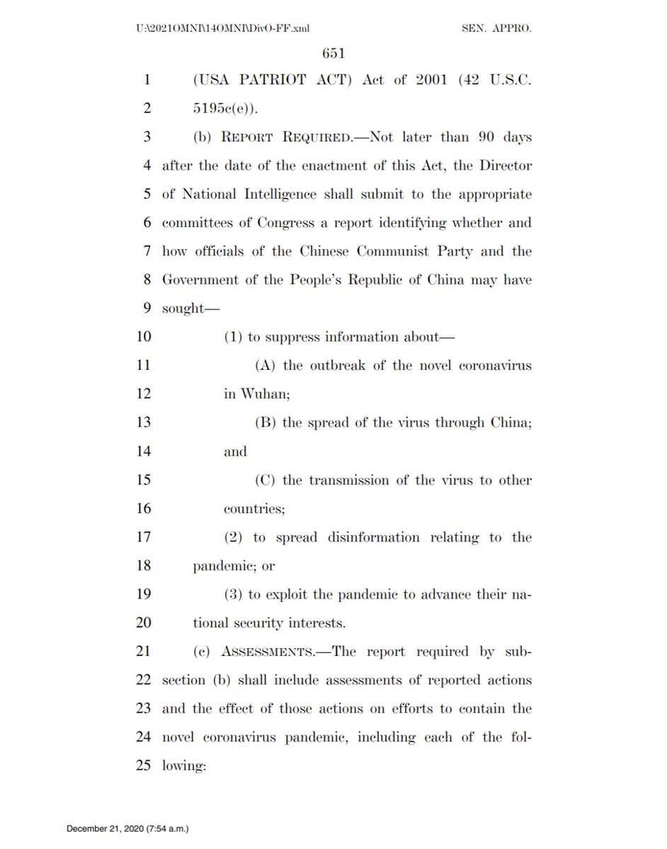 A report is due (based on the patriot act line 1, photo 1) about how China has felt with Covid-19 and the spread of misinformation and if they did the proper things regarding the virus (this seems to be a good thing that they included in the bill)