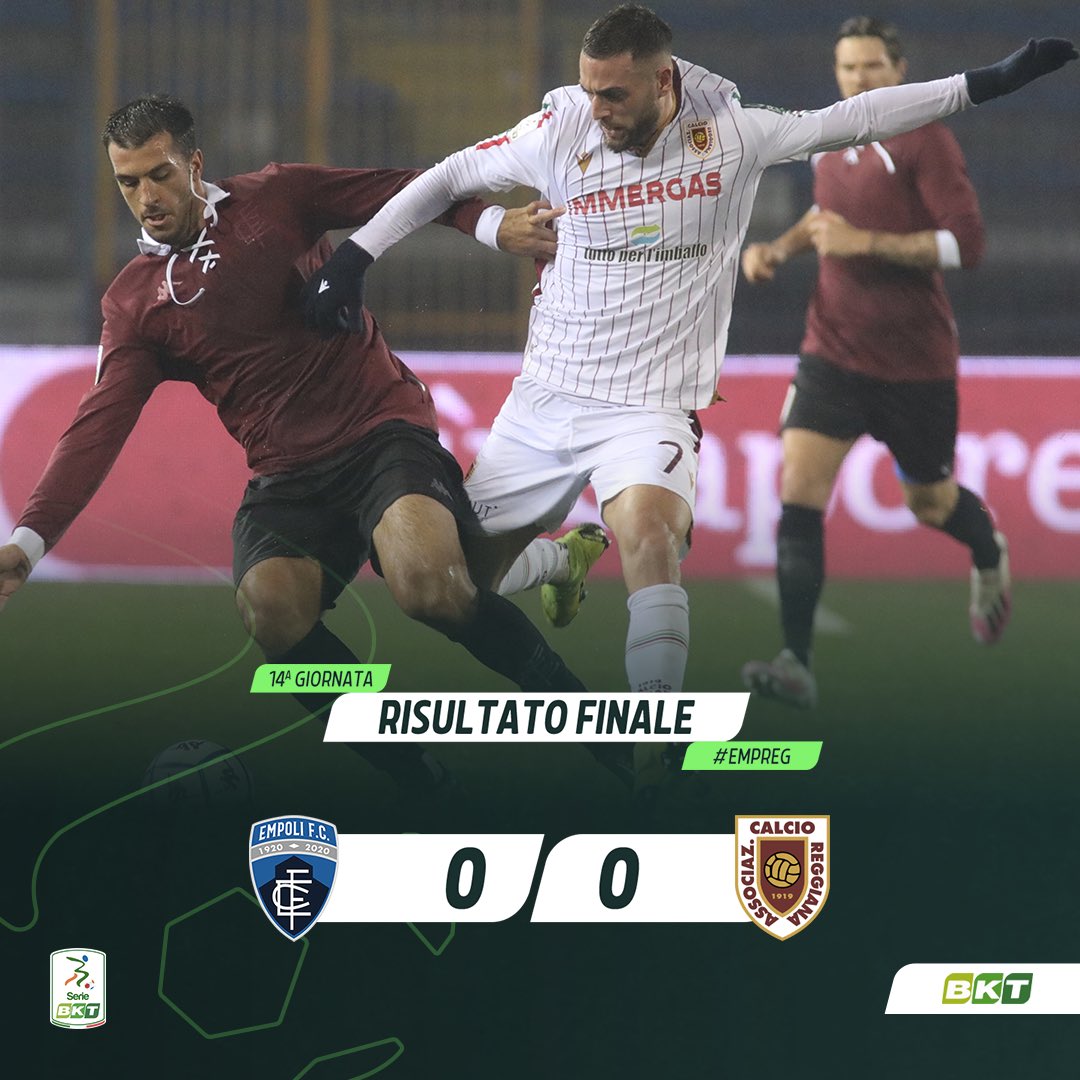 Lega_B's tweet photo. πβΉοΈ Triplice Fischio. Finisce in paritΓ il posticipo della 14^ giornata della #SerieBKT. @EmpoliCalcio e @reggiana1919_ita non riescono a sbloccarla.
#EMPREG finisce 0-0 https://t.co/wqpjKnk1tJ