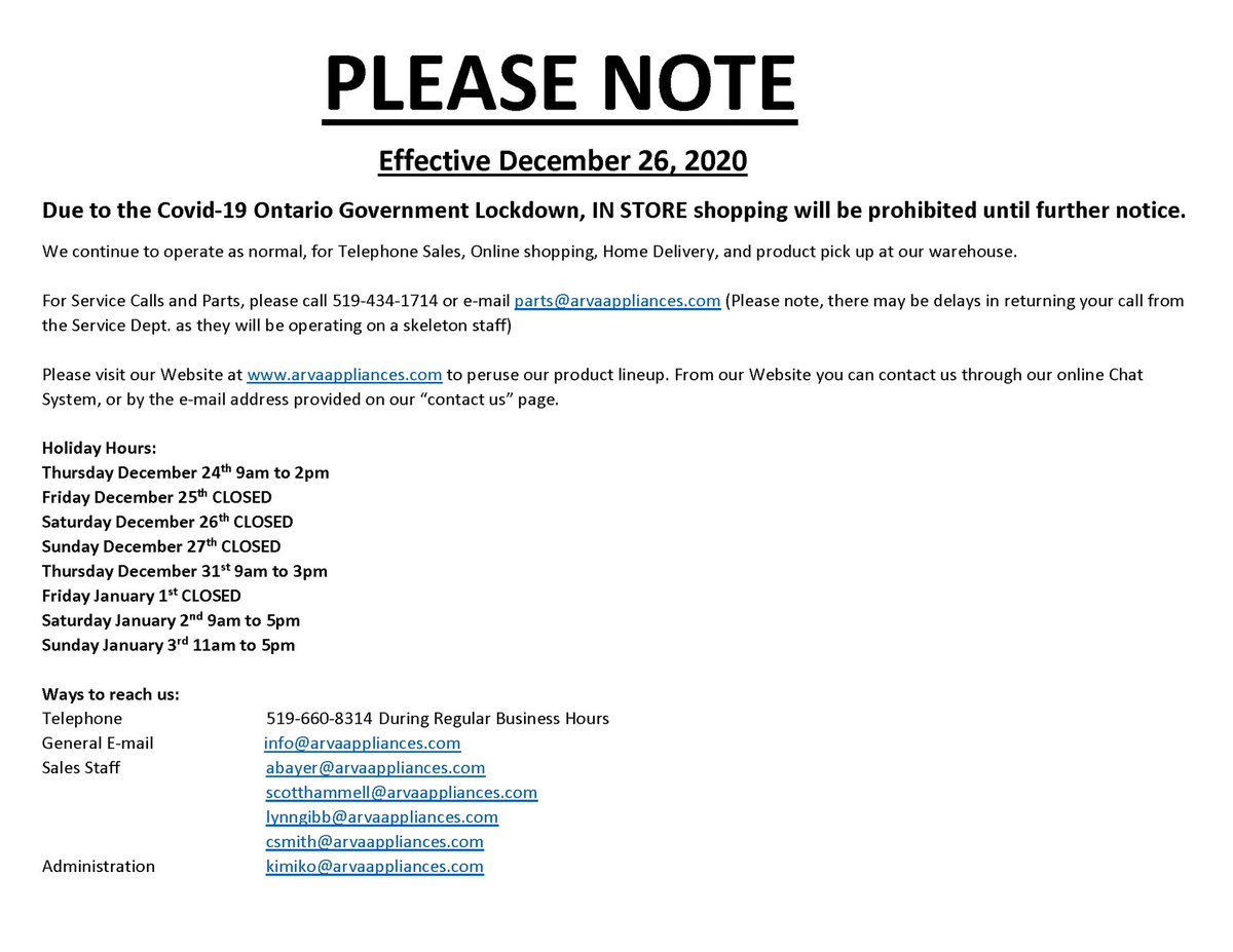 ArvaAppliances's tweet photo. To our valued customers, please read this important notice carefully. We can’t wait to see you all again in person when it is safe to do so. We hope you have a safe, healthy and happy holidays ❤️

#covid_19 #lndont #ldnontsmallbusiness #supportlocal #happyholidays2020 https://t.co/fgHDJpMPJL