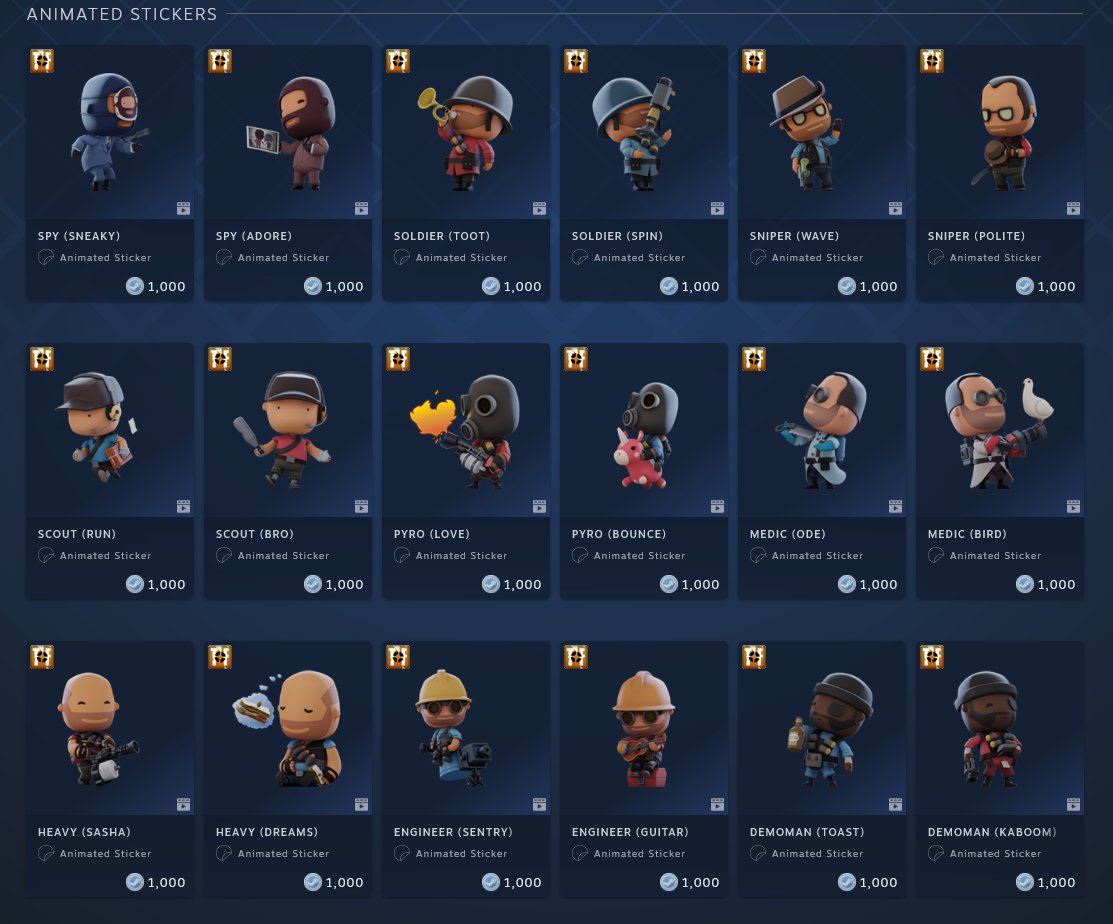 RT @HeavyUpdateOut: no, but Steam's Points Shop now has animated TF2 stickers: https://t.co/6FnE0DUy61 https://t.co/2xoUbNe1xy