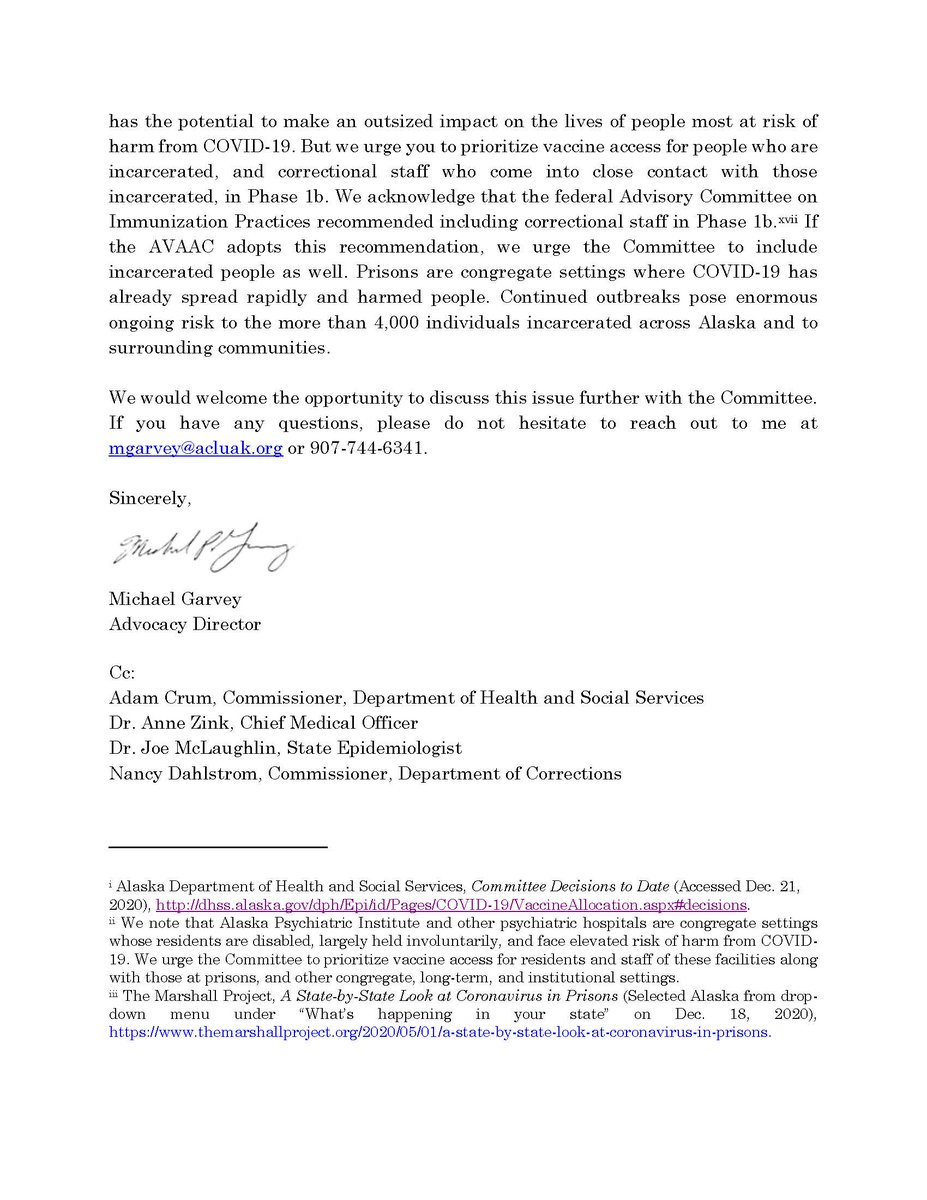 TODAY: We sent a letter to the Alaska Vaccine Allocation Advisory Committee urging them to provide incarcerated people access to the COVID-19 vaccine in Phase 1b of distribution and on equal terms with other congregate settings.

Read more: acluak.org/en/news/aclu-a…