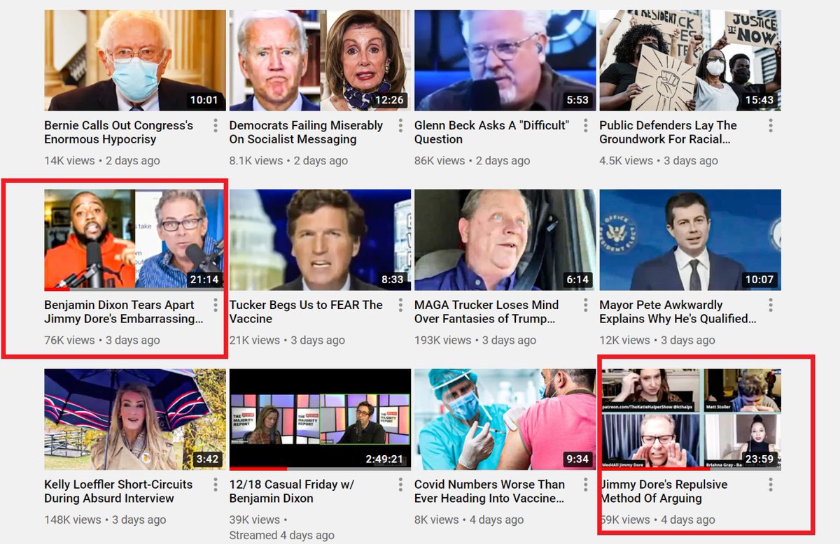 The only videos he gets clicks on are videos attacking Jimmy Dore, as well as those making fun of republicans. With the GOP out of power attacking republicans won't get much traffic, so he's got to go with something else. Problem is there's no real attack on the merits here.
