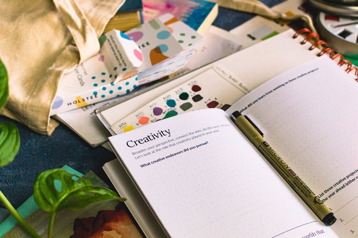 holstee's tweet photo. Look at these beautiful photos of our Reflection Guided Journal from @emrudolphart! What role did creativity play for you in 2020? What creative endeavors did you pursue? 🎨

#letterpressart #letterpresslove #reflection #hourglass #movingforward #creativity #selfgrowth #painting https://t.co/5tHntiYUsm