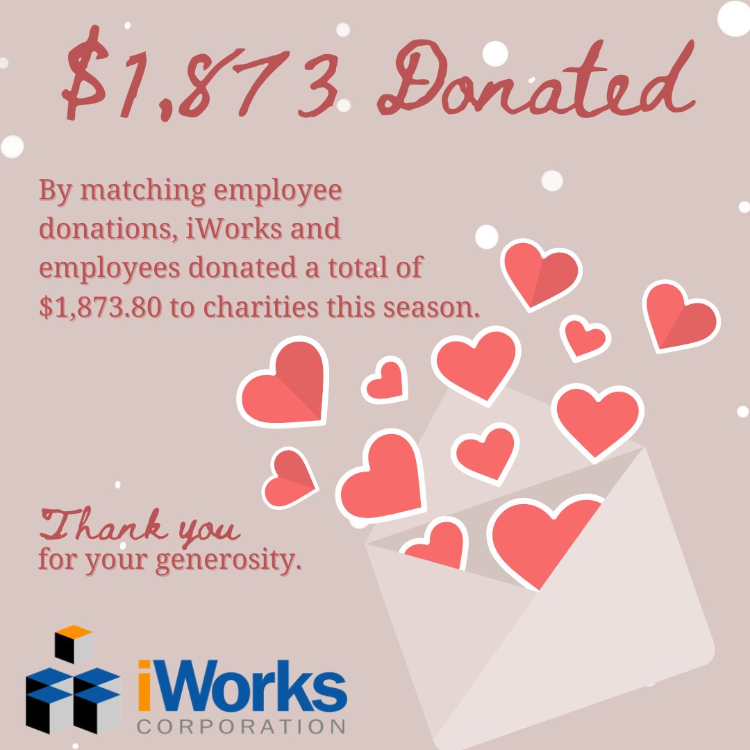 It's the season of #Giving at iWorks! More donations have come in for a total of $1,873 donated! #GivingTuesday2020 #GivingTuesday #Giving2020 #Donation #Philanthropy