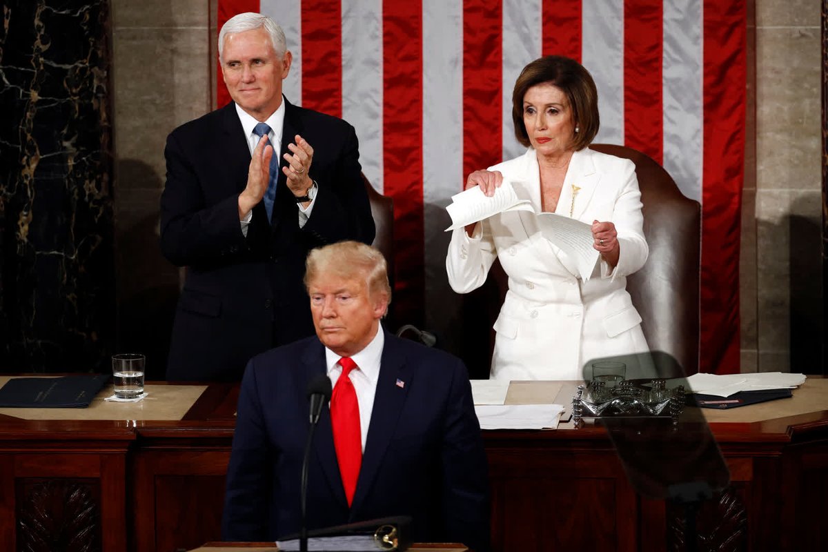 - February 4 -House Speaker Nancy Pelosi rips up her copy of President Trump’s State of the Union speech after he finished. Before the speech, she stretched out her hand to shake his, but he didn’t take it.  https://cnn.it/3lXJBdf 