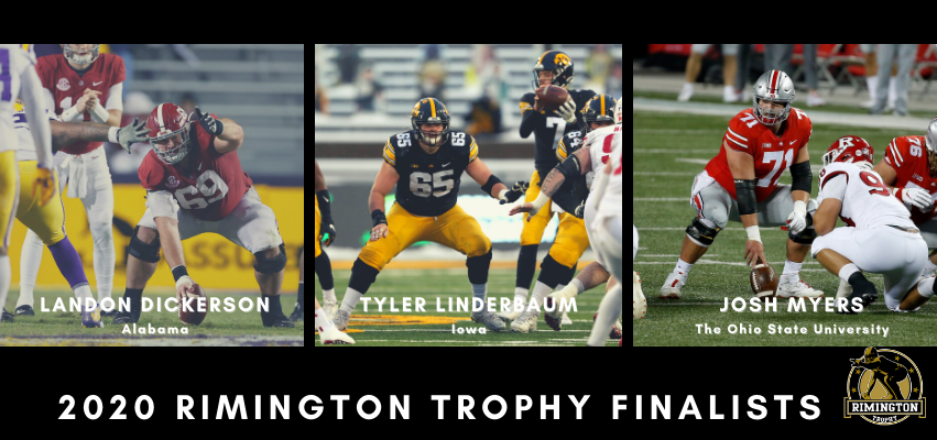 rimingtontrophy's tweet photo. Rimington Trophy Finalists from @AlabamaFTBL, @HawkeyeFootball, and @OhioStateFB: Landon Dickerson, Tyler Linderbaum, and Josh Myers named the top three Division I collegiate centers in the country 

https://t.co/nK8hBhftMc https://t.co/FLWItuXCTn