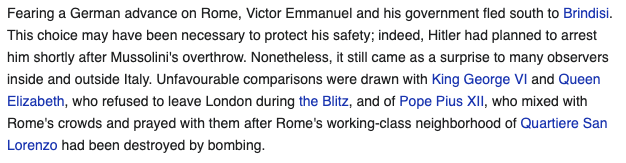 The fatal mistake!! When Rome is bombed and when Germans are slowly taking control of the country, of the two rulers of Italy, one flees the city and the other mingles with the people.