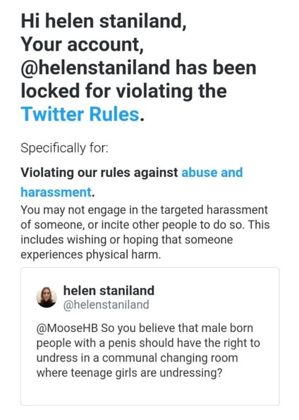 220. Twitter suspended this woman for asking whether someone supports indecent exposure, not because they deemed it a rude accusation, but rather, because Twitter apparently deems it abusive to suggest that grown males shouldn't expose their penis to non-consenting minor girls.