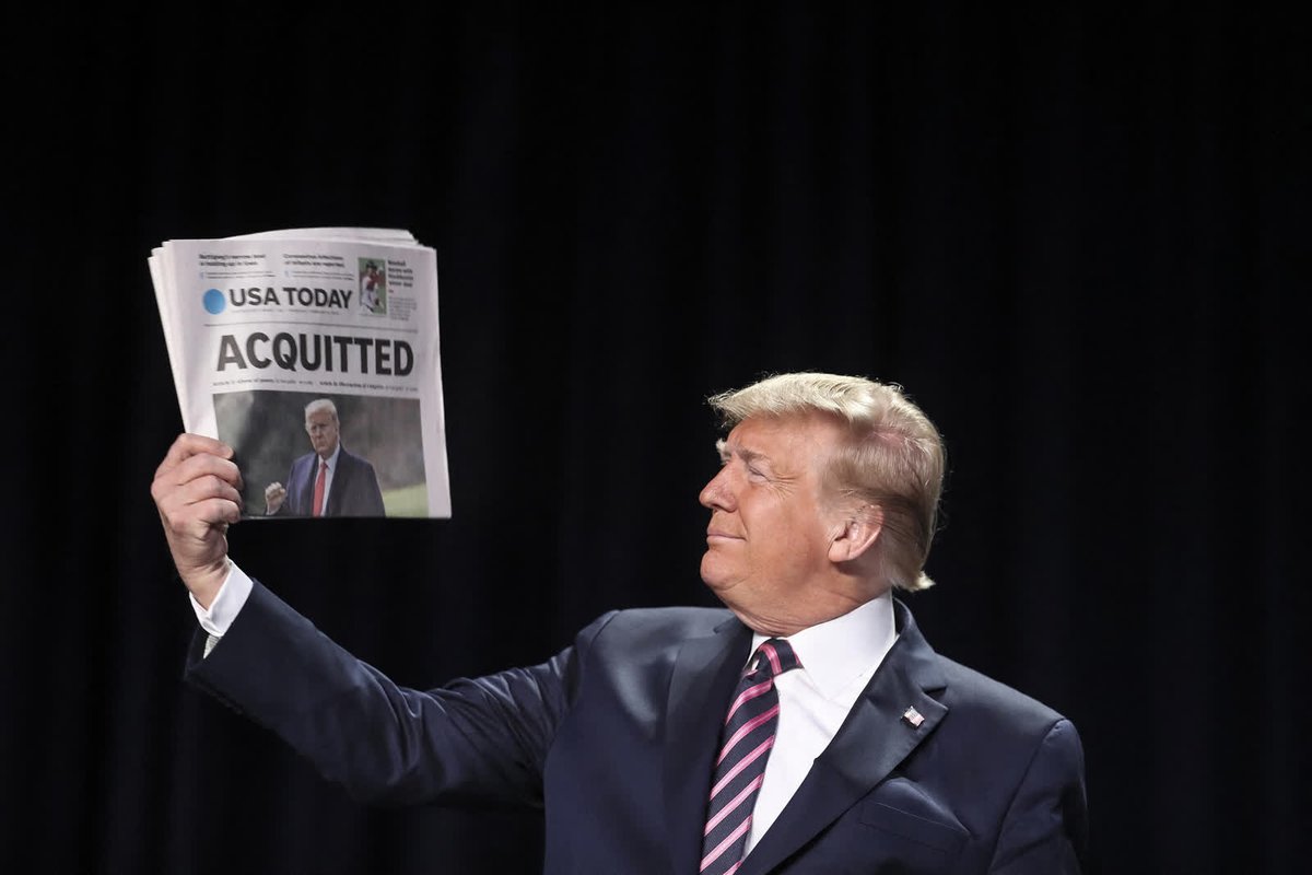 - February 6 -The President holds up a newspaper a day after the Republican-controlled Senate acquitted Trump on both articles of impeachment. The vote was 52-48 on abuse of power, with GOP Sen. Mitt Romney joining the 47 Democrats in voting guilty.  https://cnn.it/3lXJBdf 