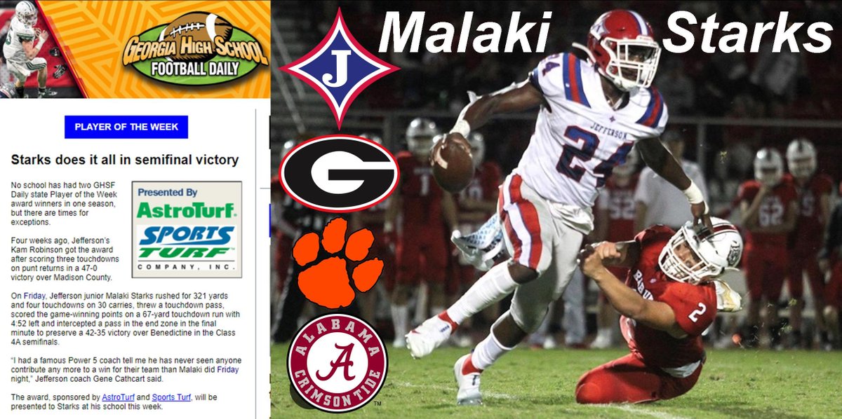 Congrats to <a href="/MalakiStarks/">Malaki Starks</a> for being named the Georgia High Football Daily / Sports Turf All Classification State Player of the Week!!

Congrats to @kambrennn ROBINSON also as this is the first time time the award has been given to players on the same #TEAM in the same season!!