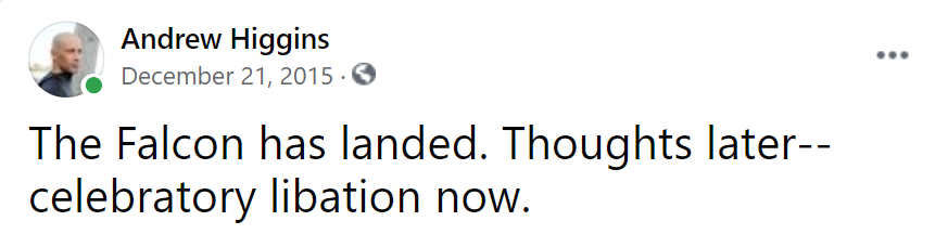 5 years ago today, I slipped away from a Xmas party at a friend’s house and snuck upstairs and watched a Falcon 9 first stage return to land at the Cape after boosting 11 Orbcomm satellites toward orbit. I posted this reaction and promised, “…thoughts later.”