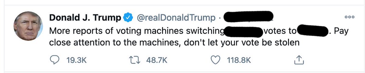 ...I'm looking at responses. Again, a caution! Just because a tweet sounds the same as what he says in 2020, dont assume it's 2020. It usually isn't!Ok, an old faithful - machines flipping votes. What's the year? And I'll give a second point if you name the race.../8