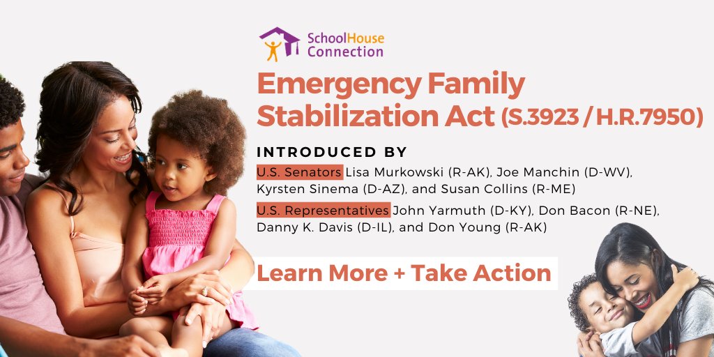 The Emergency Family Stabilization Act (EFSA) championed by  @Sen_JoeManchin &  @lisamurkowski would direct flexible funding to organizations on the ground best equipped to recognize and help children, youth, & families living without a permanent home  https://www.schoolhouseconnection.org/efsa-introduced/