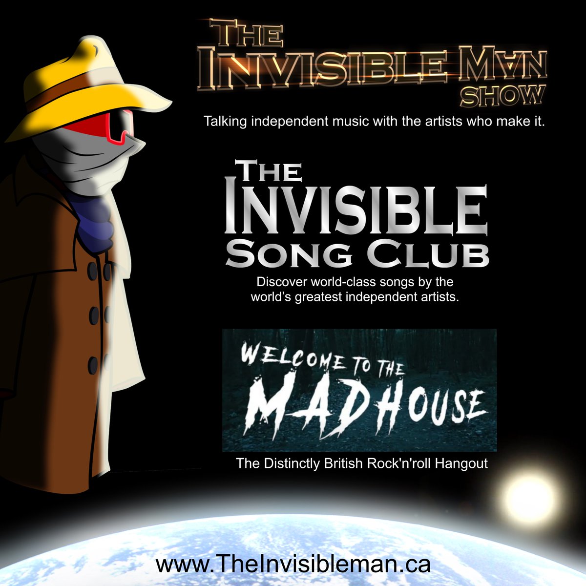 Why, Hello everyone! We now have a twitter account dedicated to all our shows. 

#TheInvisibleManShow <a href="/MDStallard/">Mark David Stallard</a> <a href="/ColoradoPhil1/">The Colorado Phil Show</a> Ryan Janz
#TheInvisibleSongClub @Ohjusteatit
#WelcomeTotheMadhouse <a href="/AndTheHellcats/">Adam and the Hellcats</a> 

Come join in the fun!!!