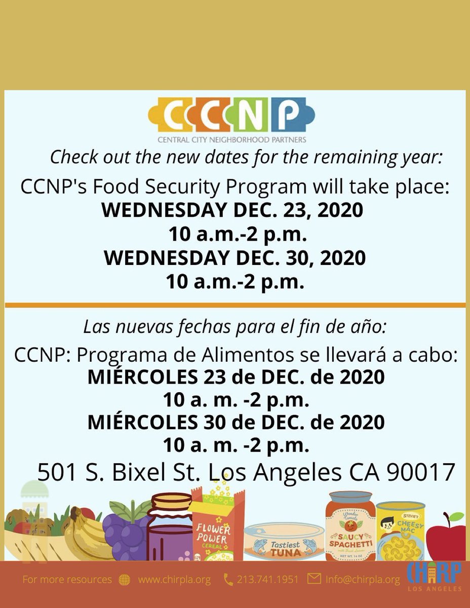 #ResourceTuesday 
CCNP's Food Security Program Food Distribution 🍇 🍌 
Wednesday, December 23, 2020 10:00am - 2:00pm
501 S. Bixel Street Los Angeles CA 90017
#COVID19 #CCNP #TuesdayResources #ChirpLosAngeles #FoodBankGuide #LetsFeedLACounty