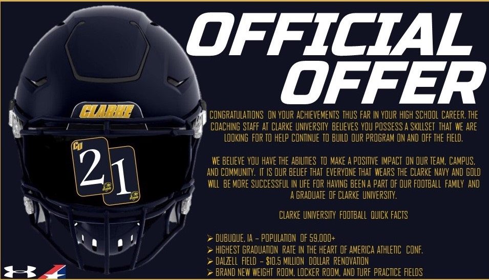 More than blessed to receive my first offer from Clarke university. Thank you to <a href="/CoachMRegalado/">Miguel Regalado</a> <a href="/Coach_AJRachal/">AJ Rachal</a> for the opportunity to play at the next level