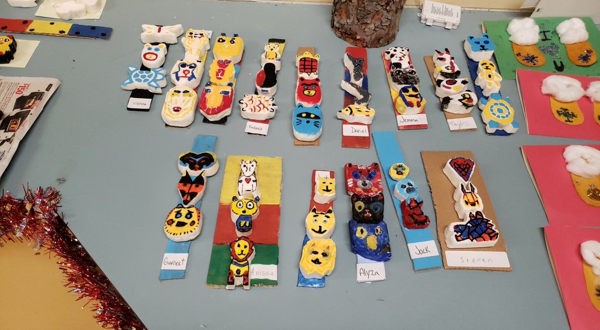 Carving is a way to tell a story and allows you to heal. After reading the novel Touching Spirit Bear and understanding that animals are symbols that represent different characteristics. The kids chose 3 animals to tell their story and created a totem from carving soap. #sd53