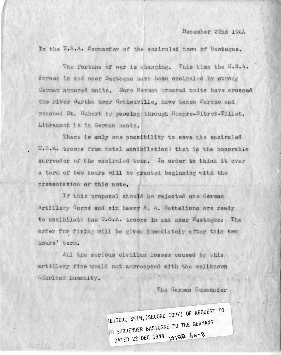 The note demands surrender. It gives the Americans two hours to think it over. It not-so-subtly threatens mass civilian casualties, in addition to American casualties, if the demand is refused.