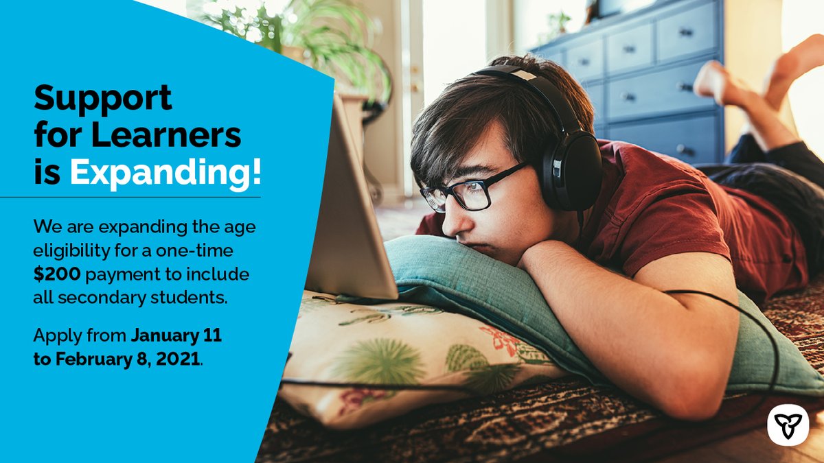 We're expanding #SupportForLearners to include all secondary students.

The new financial support of $200/student will help families with extra education expenses! 

Applications for students age 13 to grade 12 will be open from Jan. 11 to Feb. 8, 2021.

news.ontario.ca/en/release/598…