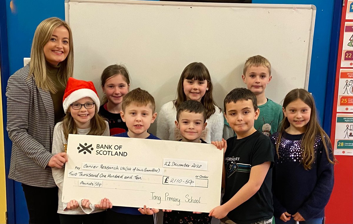 TongPrimary's tweet photo. We're ending the term on a high after raising the phenomenal amount of... ⭐️ £2110.50 ⭐️ for the Cancer Research (Isle of Lewis committee). Here are some of our pupils presenting the cheque to Miss Munro. Well done all &amp; thank you for your support🎅🏼 Have a lovely Christmas! 🎄 https://t.co/eeVPMb3wC0