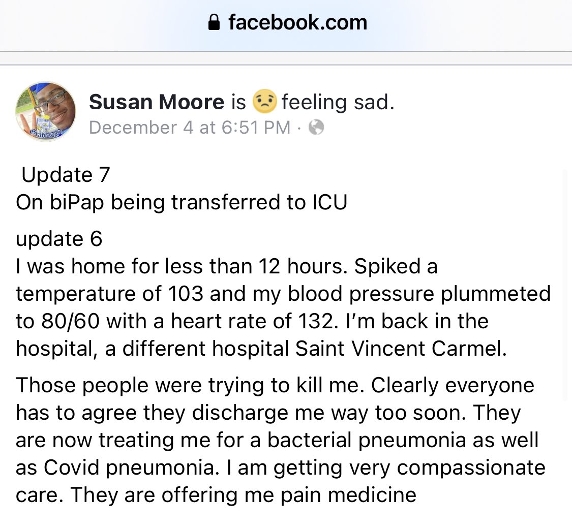 leahmcelrath's tweet photo. This is Dr. Susan Moore.

She posted a FB video reporting denial of adequate treatment for COVID-19 and pain management by white medical staff at @IU_Health and pleading for help.

She was discharged.

After readmission to a different hospital, she died.

https://t.co/PnZOwG3bA5 https://t.co/C66WQPNJtP
