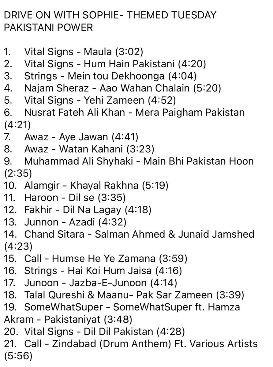 SophiyAnjam's tweet photo. Playlist for #DriveOnWithSophie at @FM91_official earlier tonight #ThemedTuesday #PakistaniPower 🇵🇰 https://t.co/9pXazzr6gw