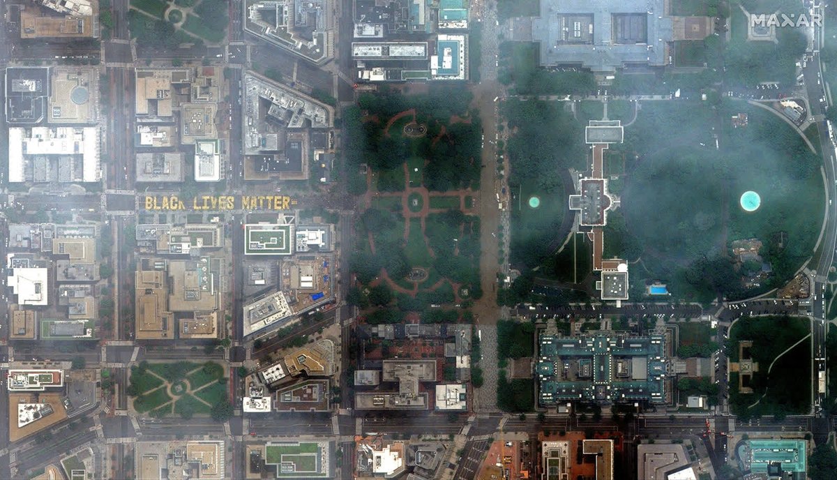 - June 6 -This satellite photo shows the Black Lives Matter Plaza near the White House in Washington, DC. The painters were contracted by Mayor Muriel Bowser.  https://cnn.it/3lXJBdf 