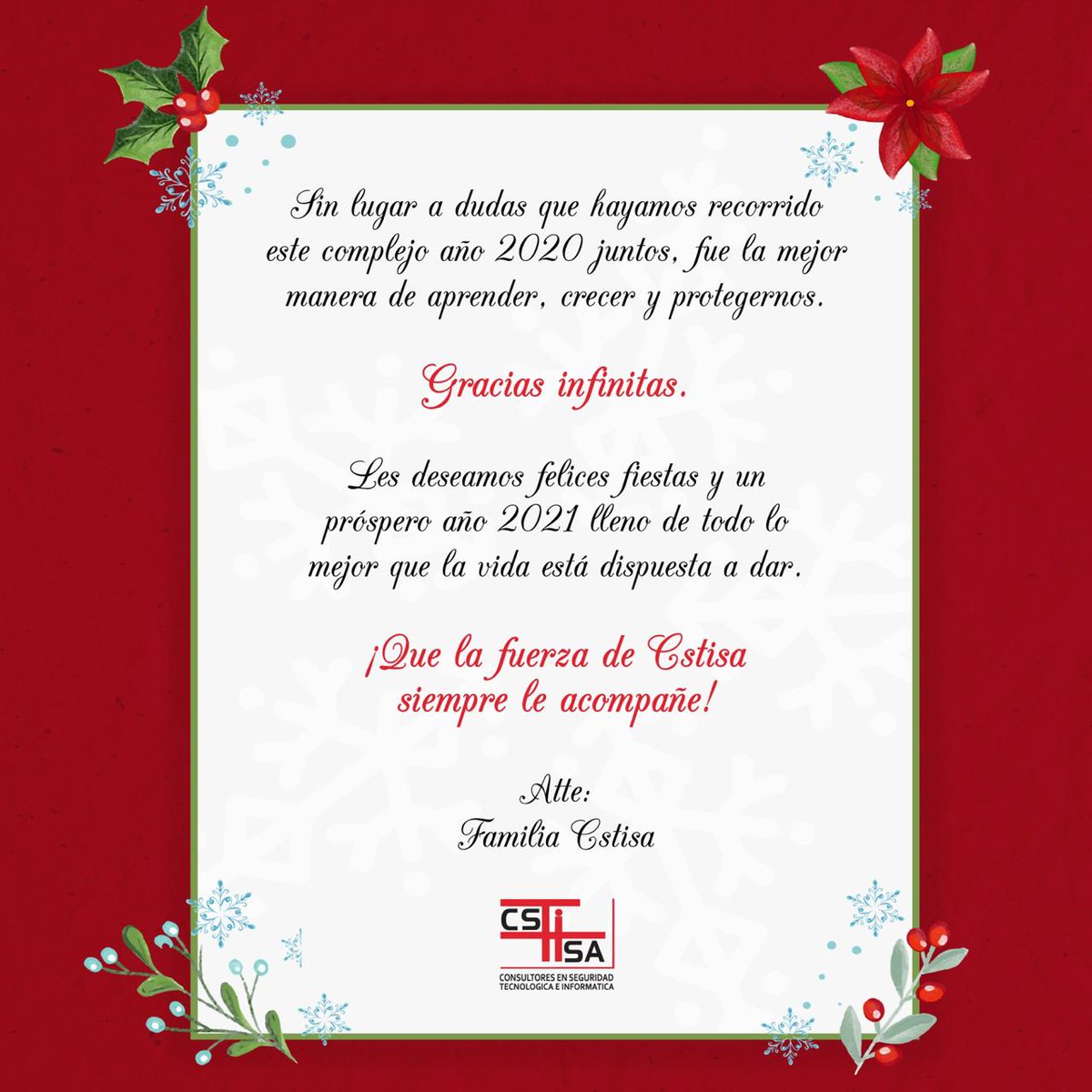 CSTISA's tweet photo. Nuestros más sinceros deseos; Gracias infinitas y próspero año 2021 lleno de todo lo mejor que la vida está dispuesta a dar. 

#cstisa #felicesfiestas #prospero2021 #gracias https://t.co/qSNy1L3qOP