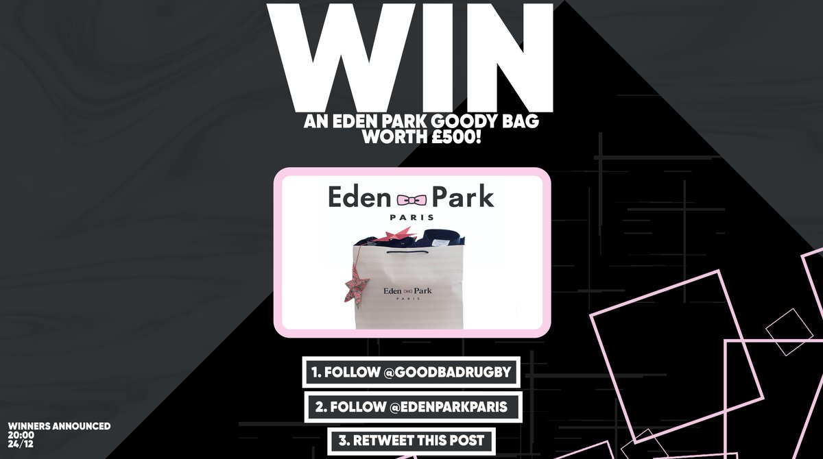 GoodBadRugby's tweet photo. DAY 22 of @GoodBadRugby's Advent Calendar....... ⠀⠀⠀

This is big.....Win an INCREDIBLE £500 goody bag from @edenparkparis 🛍
⠀⠀⠀⠀
✅ To Enter:
⠀⠀⠀⠀
1) Follow @GoodBadRugby
⠀⠀⠀
2) Follow @edenparkparis
⠀⠀⠀⠀
3) RETWEET this post⠀

Good luck everyone!⠀ https://t.co/ggWyrXMZkB