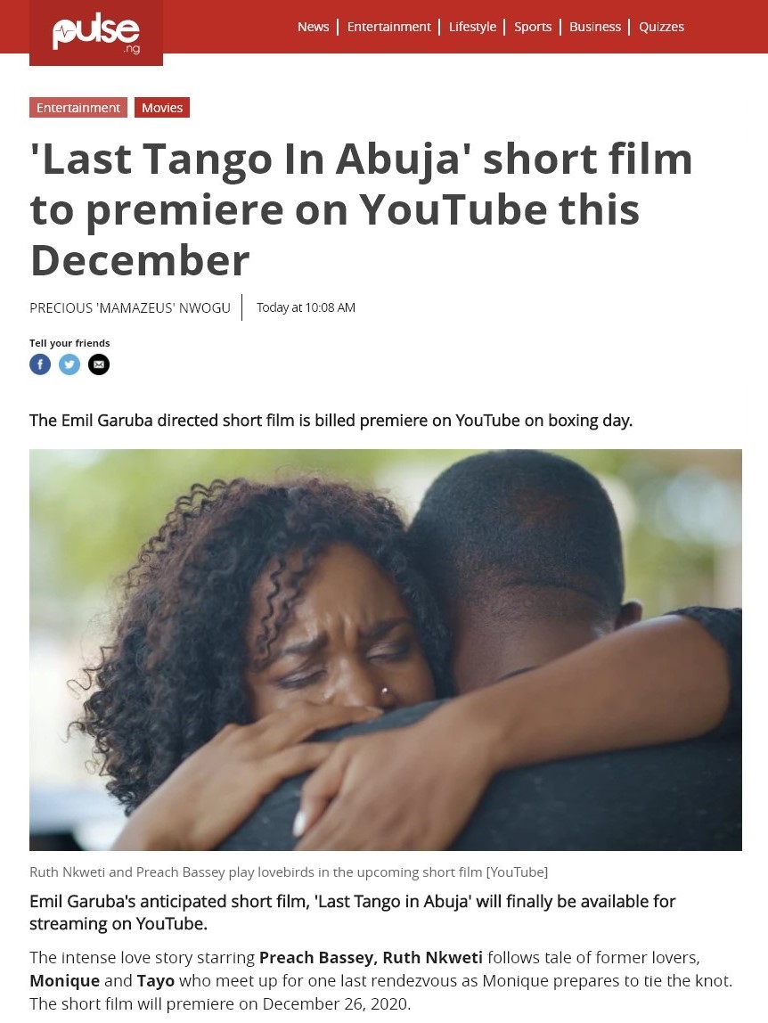 SutoriteraNG's tweet photo. 'Last Tango In Abuja' #ShortFilm to premiere on #YouTube this December π https://t.co/9jcYRqPB7h via @Mamazeus_ @PulseNigeria247
Follow the link: https://t.co/LEqXpvxOvN and set your reminder
#YouTubePremiere #LTIA #LastTangoInAbuja #Sutoritera #SutoriteraProjects #π³π¬ https://t.co/9bHKVIahcE