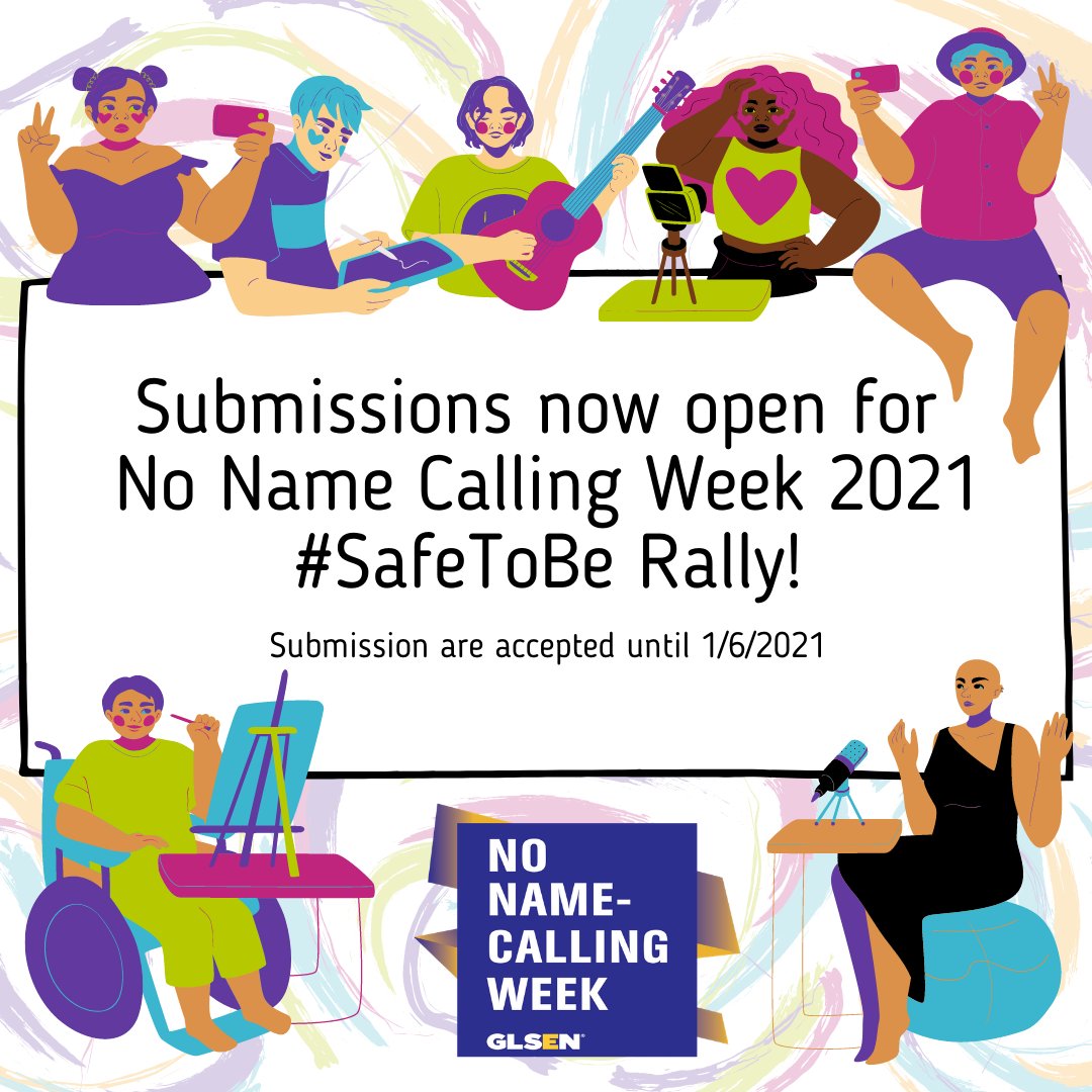 GLSEN's tweet photo. Students: You have the chance to showcase your talent at the national No Name Calling Week #SafeToBe Rally!

Submit videos of dance, music, theatre, spoken word, or submit visual artwork by 1/6, and get ready to celebrate safe schools across the country!
https://t.co/I17khIuXo6 https://t.co/vVj1bB42AX