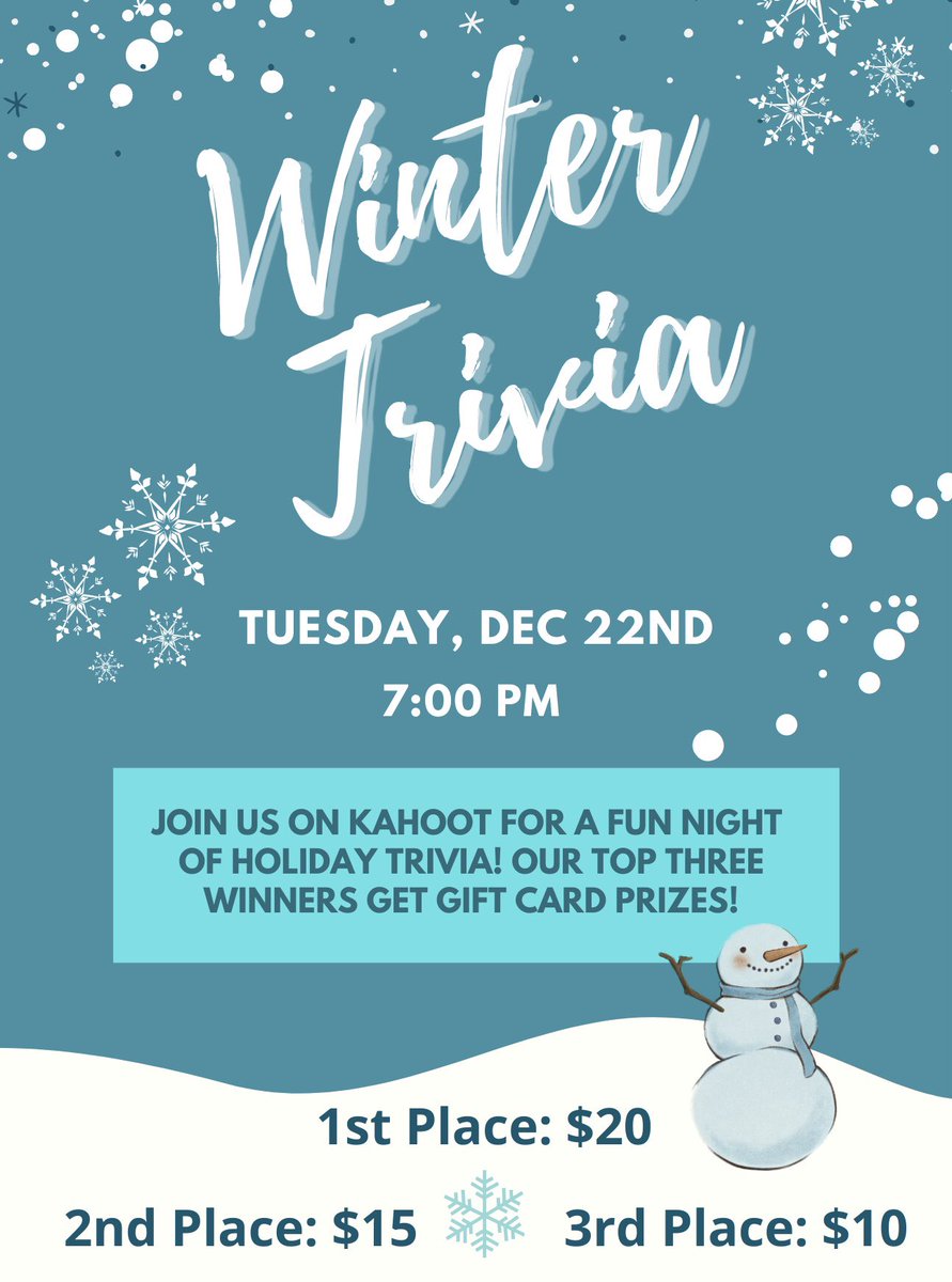 Our Virtual Holiday Kahoot Game Night starts tonight at 7:00pm! All students and staff are welcome. Check your school email around 6:30 for the link to the google meet. Gift card prizes will be awarded to our top 3 winners. Good luck to all participants! ⛄️❄️